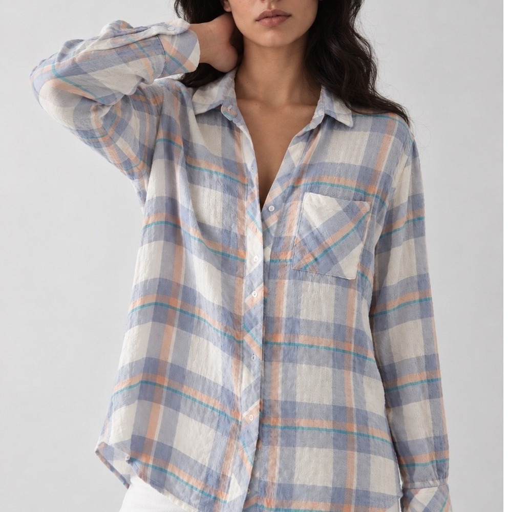 Rails Brady White Periwinkle Peach Plaid Button Down Shirt Costal Medium